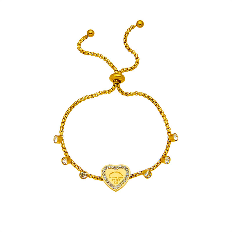 Fashionable European and American style, high-end minimalist luxury, niche brand, diamond-encrusted heart-shaped round diamond adjustable chain titanium steel bracelet