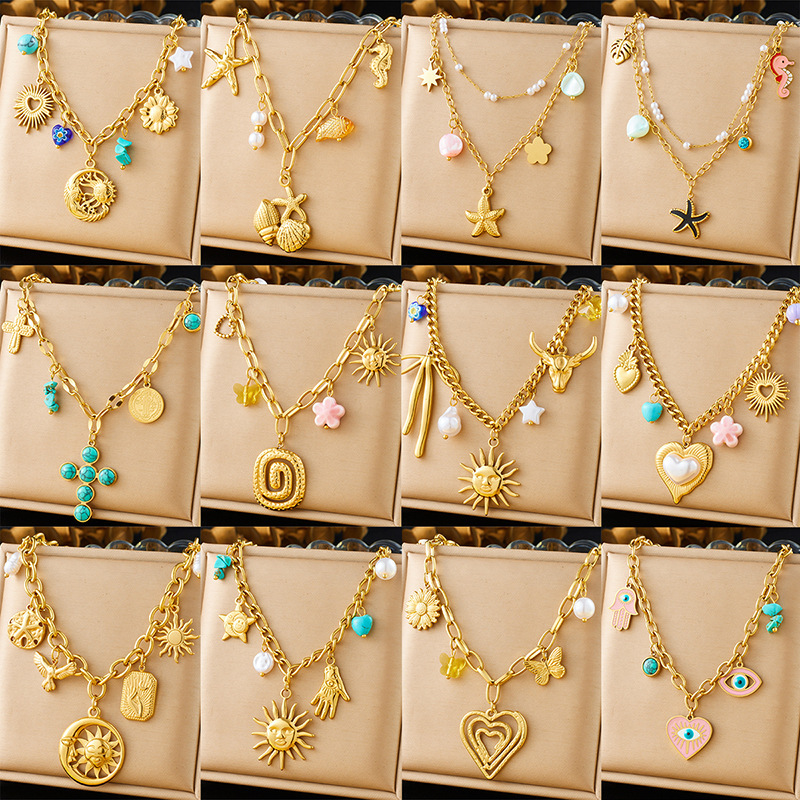 Cross-border fashion spiral oval heart-shaped pendant sweater chain crystal butterfly flower multi-element accessory necklace