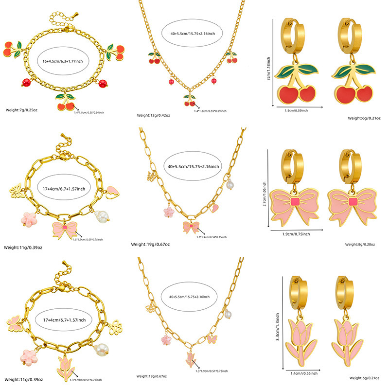 Korean style fashionable sweet and cute oil-pink bow flower cherry butterfly accessory stainless steel jewelry set