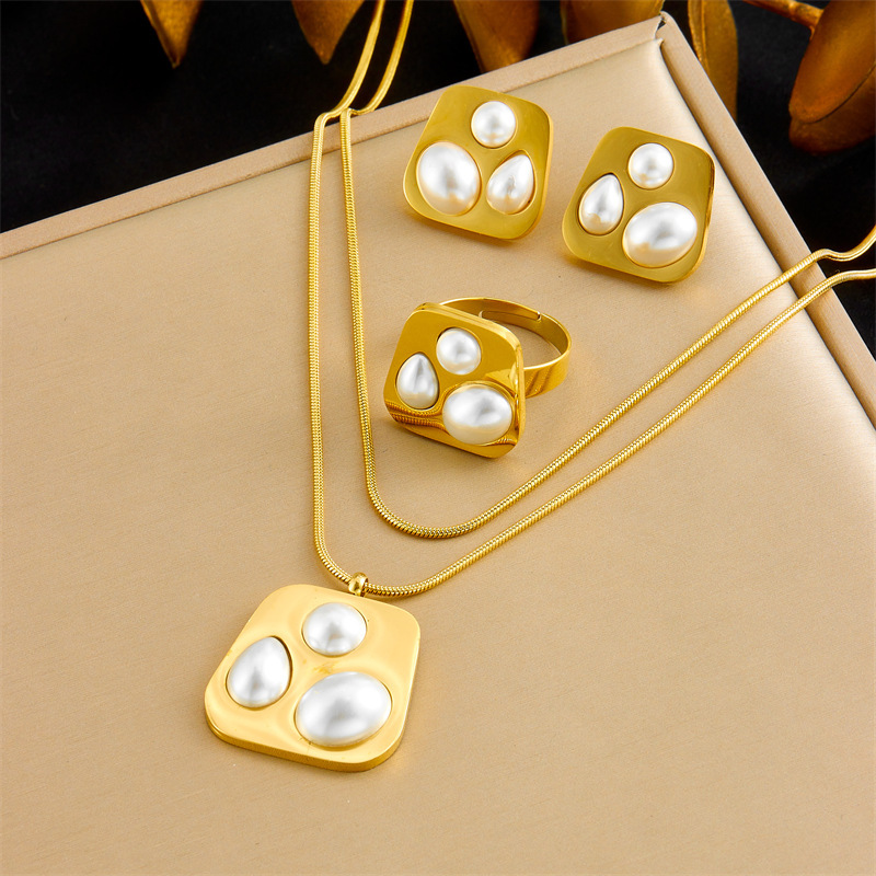 European and American style retro minimalist pearl irregular geometric pendant stainless steel gold-plated three-piece set