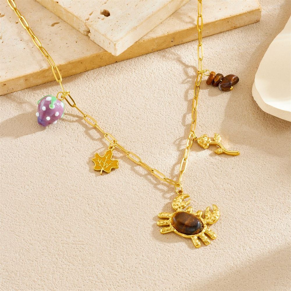 European and American style stainless steel tiger eye stone crab grape vacation style cartoon sea maple leaf rose pendant DIY necklace