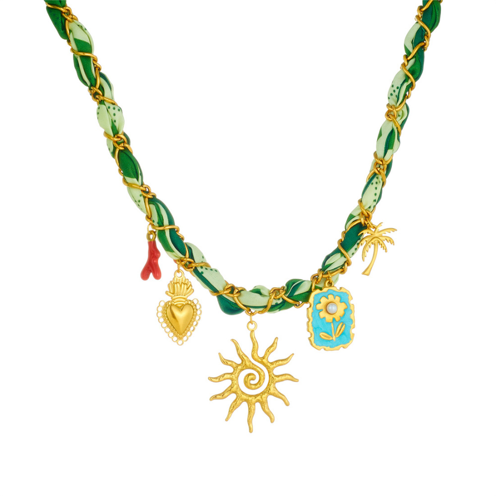European and American cross-border fashion printed ribbon gold-plated chain wrapped necklace with dripping square flower sun pendant necklace