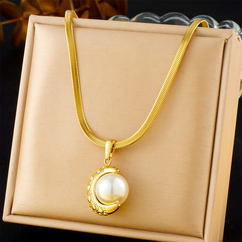 Cross-border fashion gold-plated retro heart-shaped fan-shaped blue turquoise pearl accessories stainless steel pendant earring necklace set