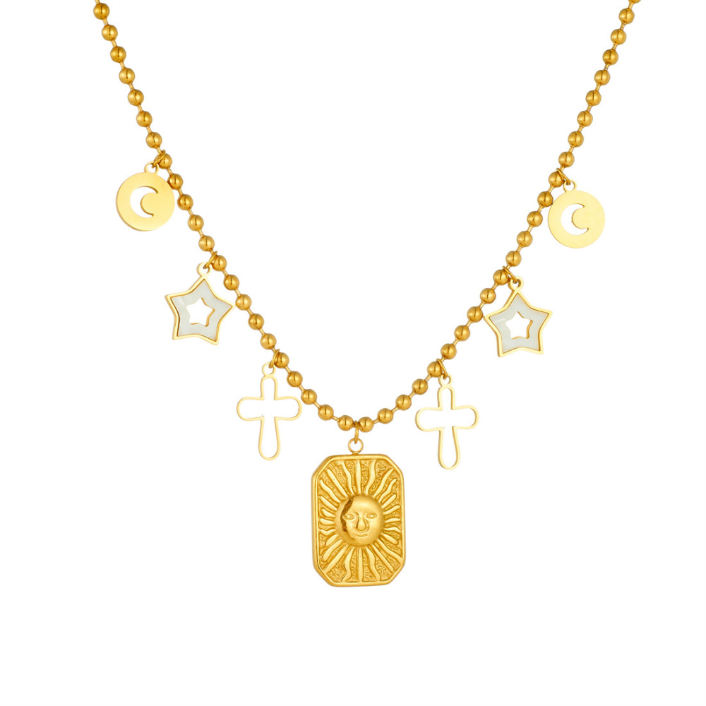 Fashionable, luxurious, retro-style gold-plated pendant with embossed sun, hollowed-out stars, moon, and cross design, beaded necklace.