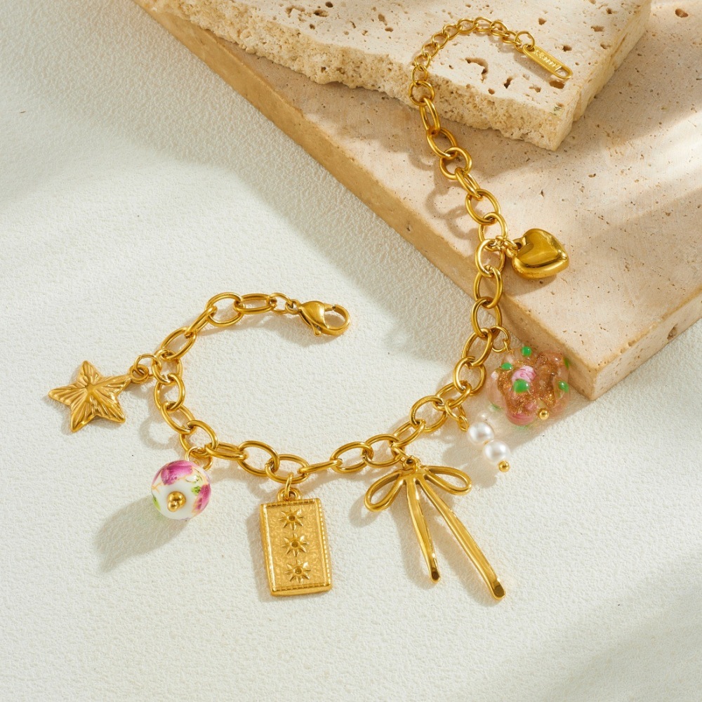 Niche fashion, fresh and rustic style, multi-pendant gold-plated chain, bow, star, ceramic beaded pendant bracelet