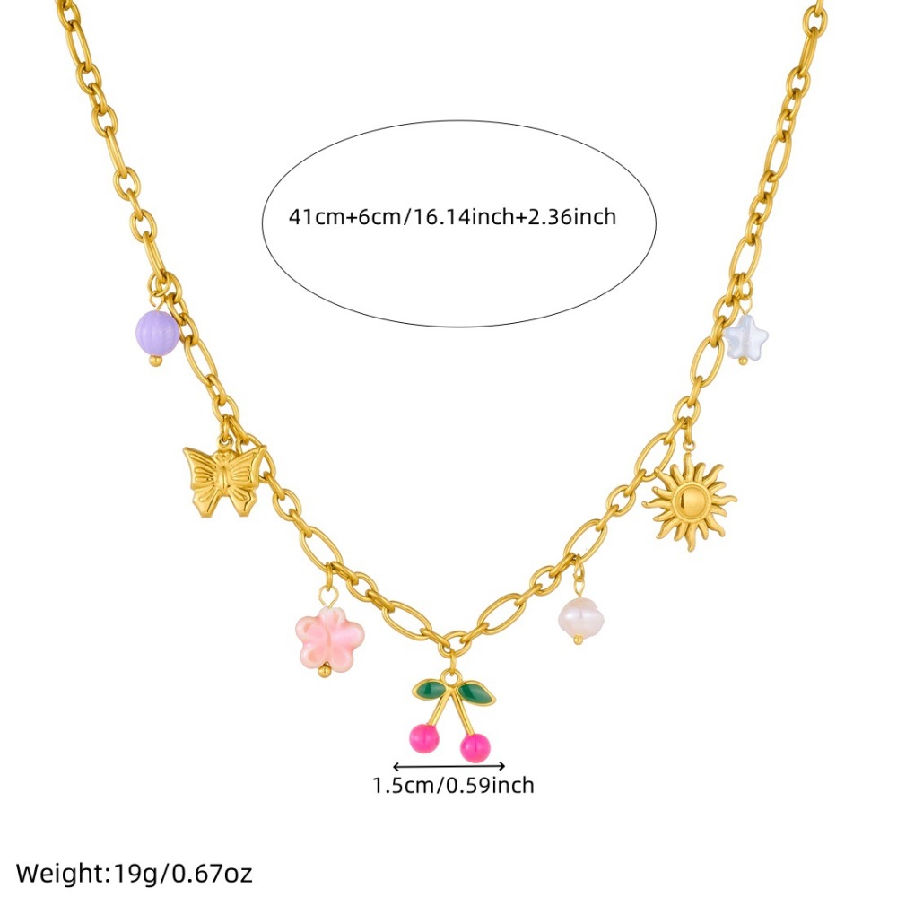 New retro pearl flower drip cherry clavicle chain, sweet and versatile gold-plated sun butterfly pendant necklace