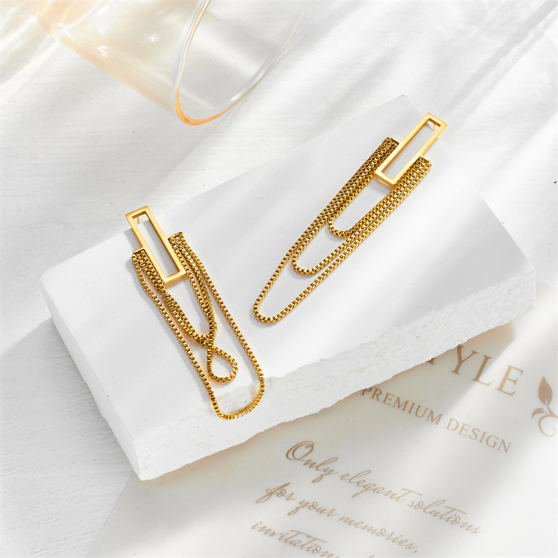 European and American style, light luxury gold-plated titanium steel multi-layer tassel chain geometric long earrings