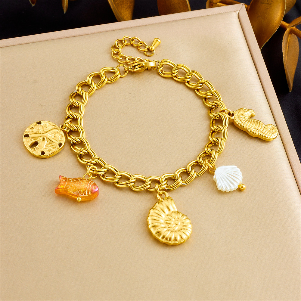 Niche Fashion Marine Life Accessories: Starfish, Conch, Seahorse, Goldfish Pendant, Stainless Steel Chain Bracelet