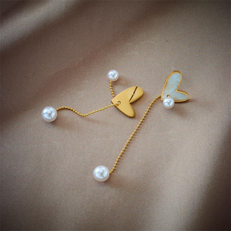 Korean style, fashionable, simple, retro, gold-plated seashell heart chain tassel pearl dangling stainless steel earrings