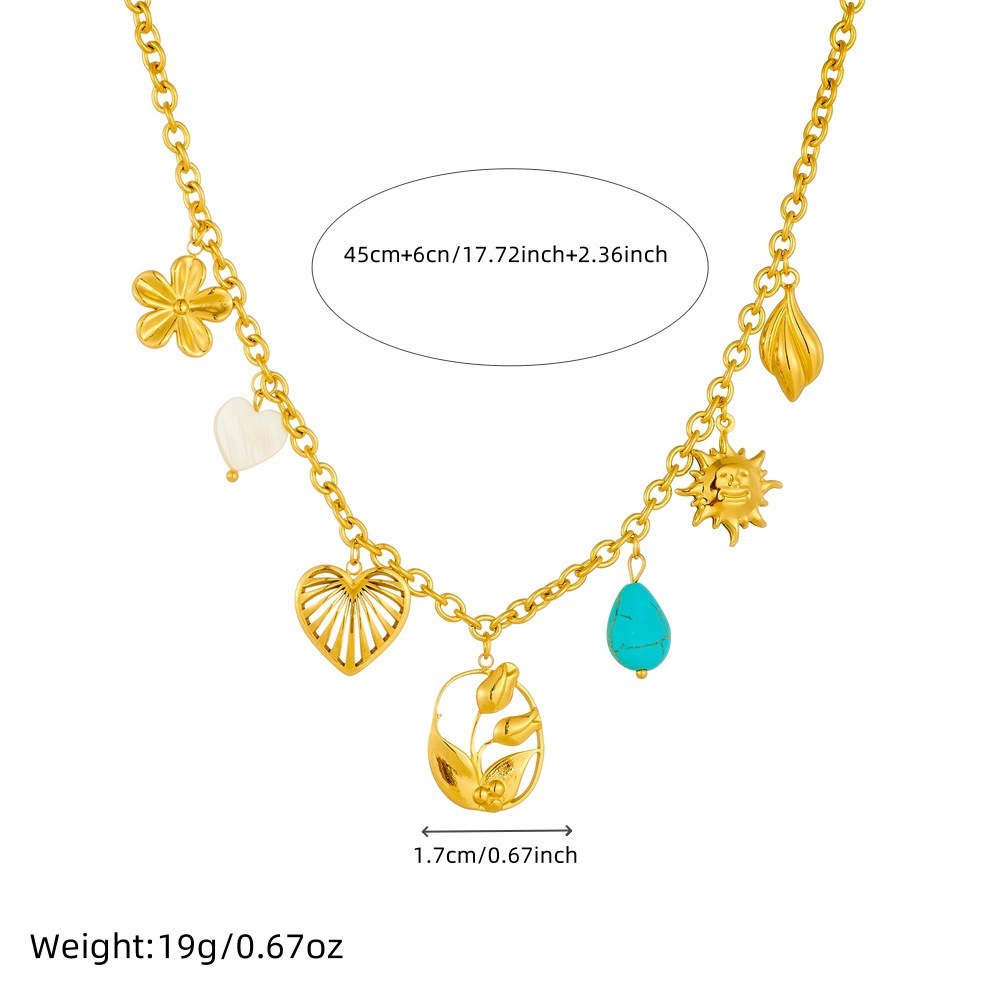New cross-border creative retro multi-element accessory pendant stainless steel gold-plated chain heart flower sun necklace