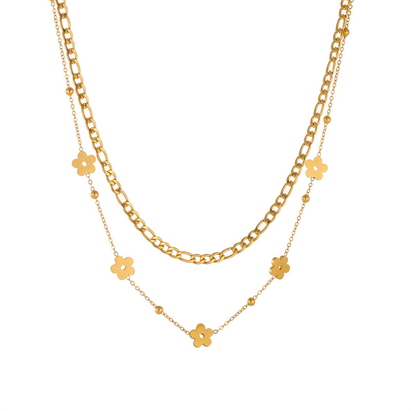 Korean-style trendy niche design, gold-plated stainless steel polished flower accessory chain, double-layer necklace.