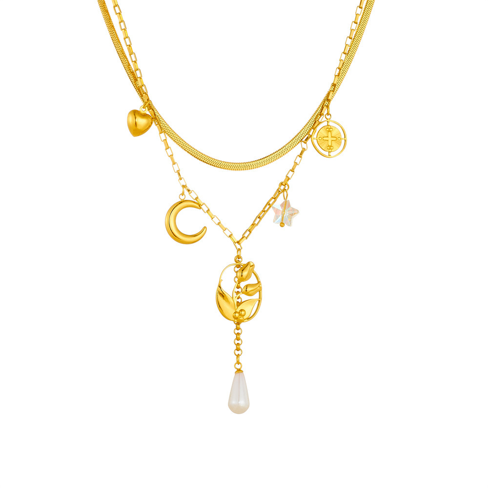 Cross-border fashion, exquisite and simple double-layered stainless steel tulip flower moon tassel chain necklace