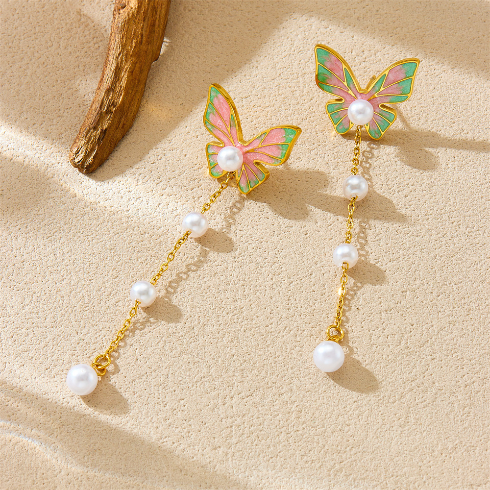 Korean style sweet and cute pearl tassel long multi-color gradient drip butterfly stainless steel earrings