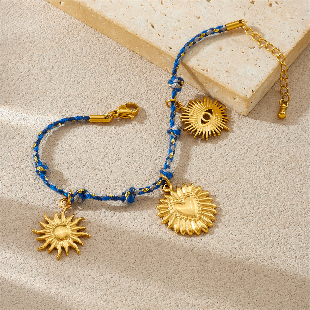 New cross-border European and American style retro colorful rope braided knotted chain gold-plated stainless steel pendant sun heart bracelet