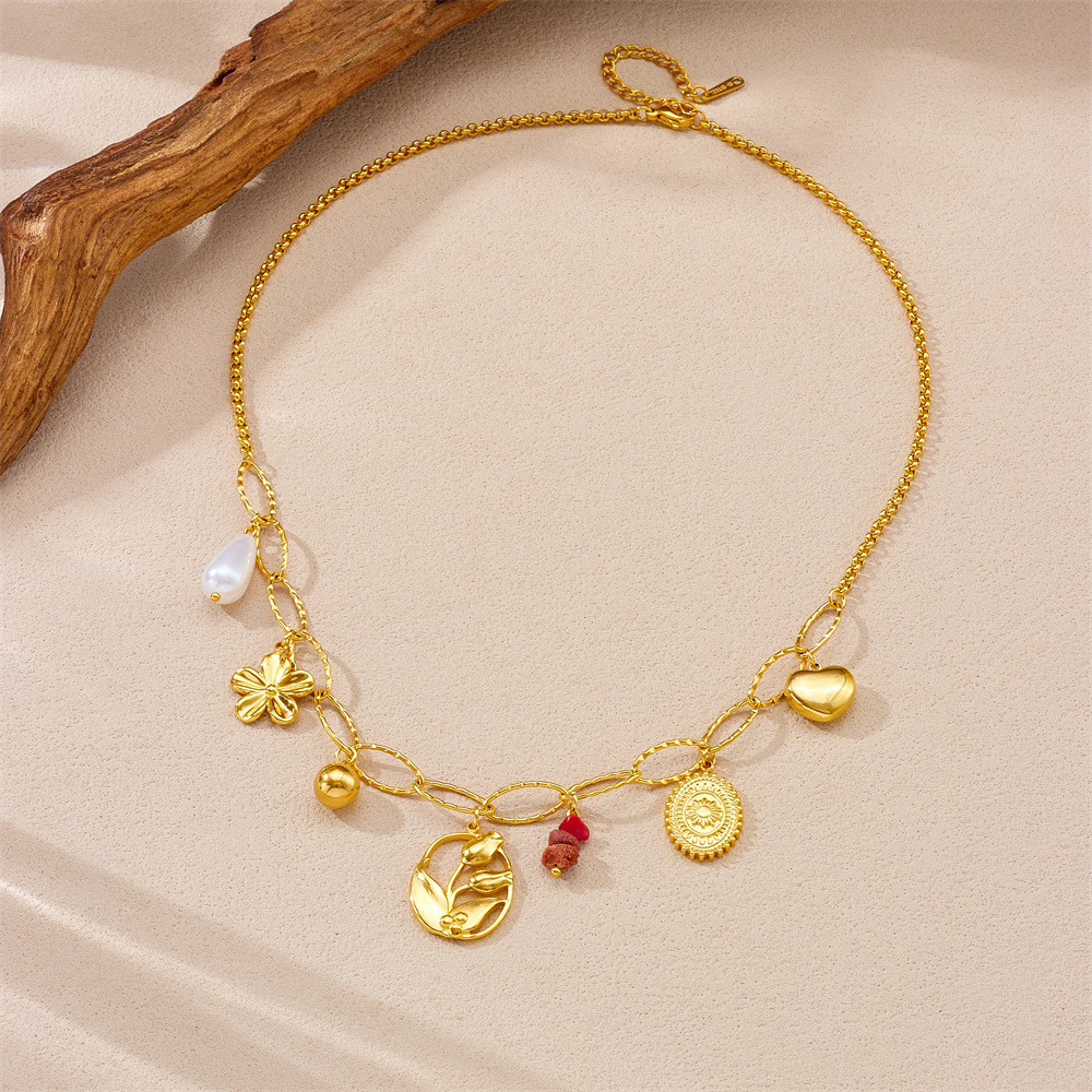 Cross-border fashion niche Instagram style gold-plated stainless steel flower oval pebble pendant chain necklace