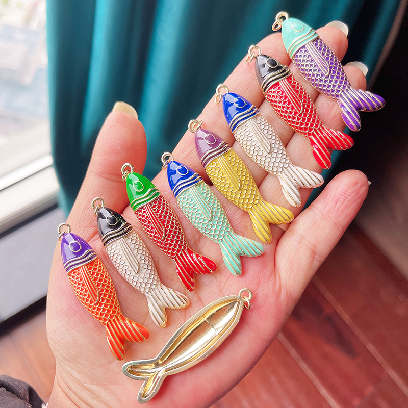 Jumbo Large Enamel Colourful Fish Lobster Shell Pendant,18K Real Gold Silver Plated Zircon Jewelry Finding Supplies R01