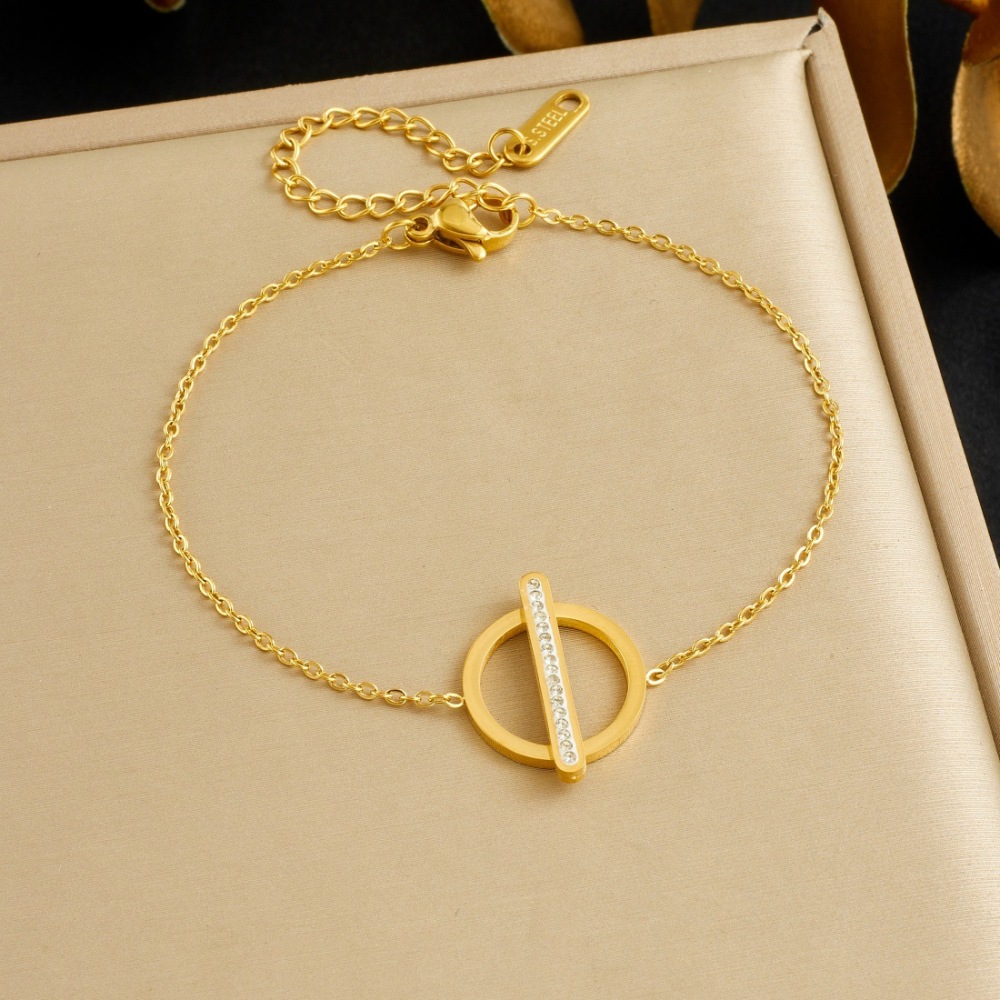 Cross-border fashion minimalist diamond-encrusted long round geometric gold-plated accessory pendant chain stainless steel versatile bracelet