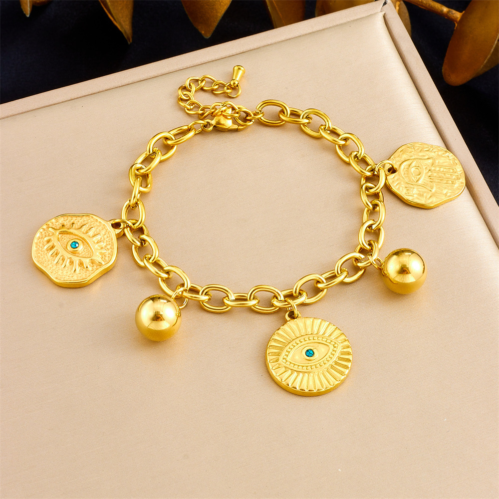 New European and American cross-border style irregular round concave-convex turquoise eye pendant chain stainless steel jewelry bracelet