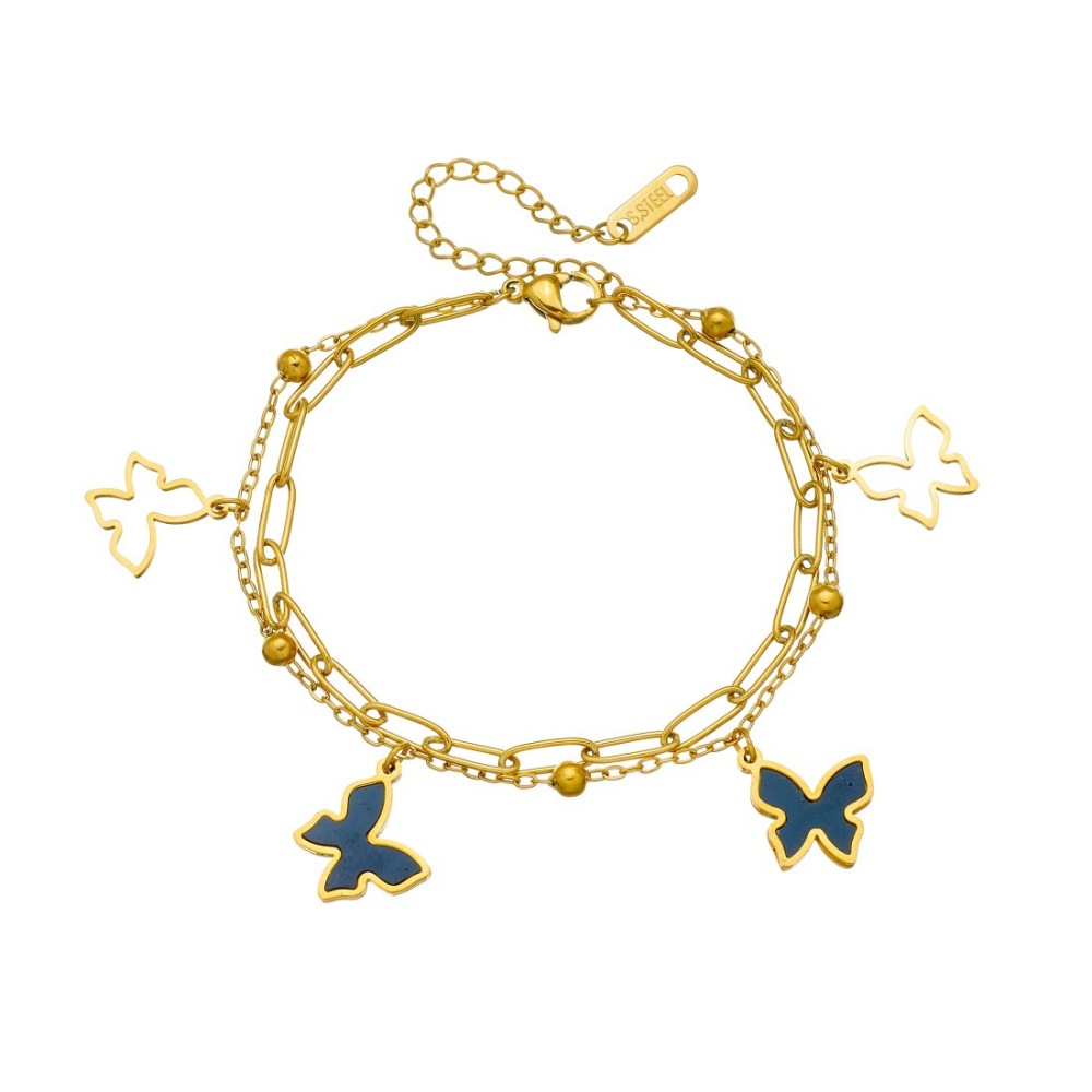 Fashionable, cross-border, simple, versatile, double-layered, gold-plated black hollow butterfly pendant stainless steel jewelry bracelet
