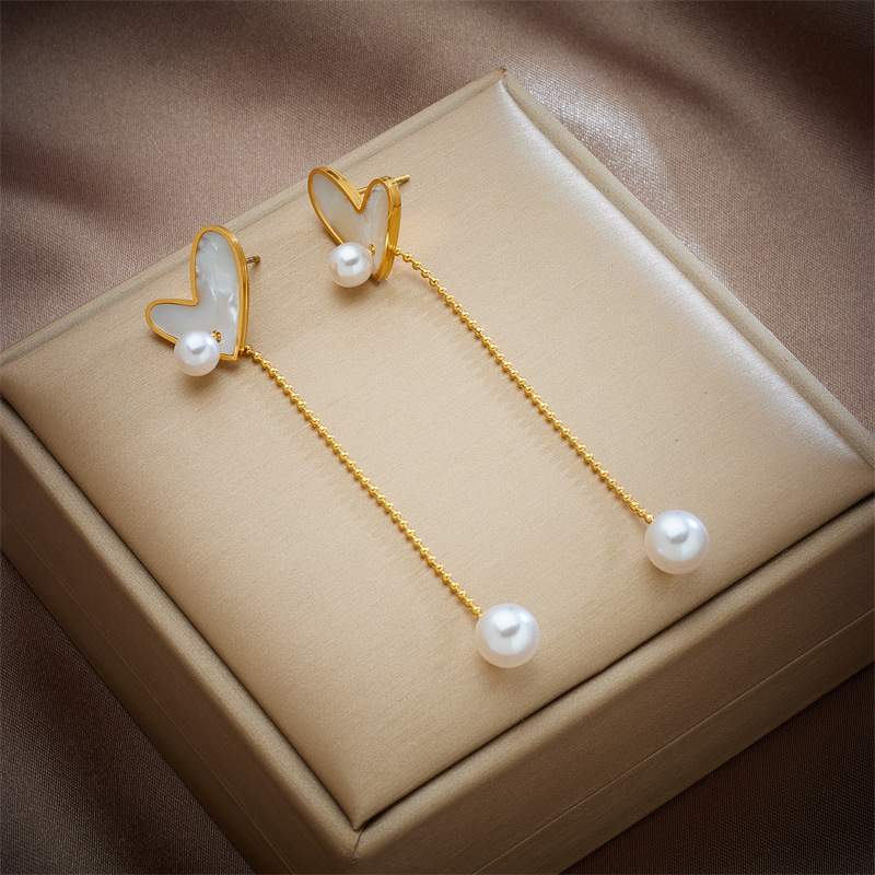 Korean style, fashionable, simple, retro, gold-plated seashell heart chain tassel pearl dangling stainless steel earrings