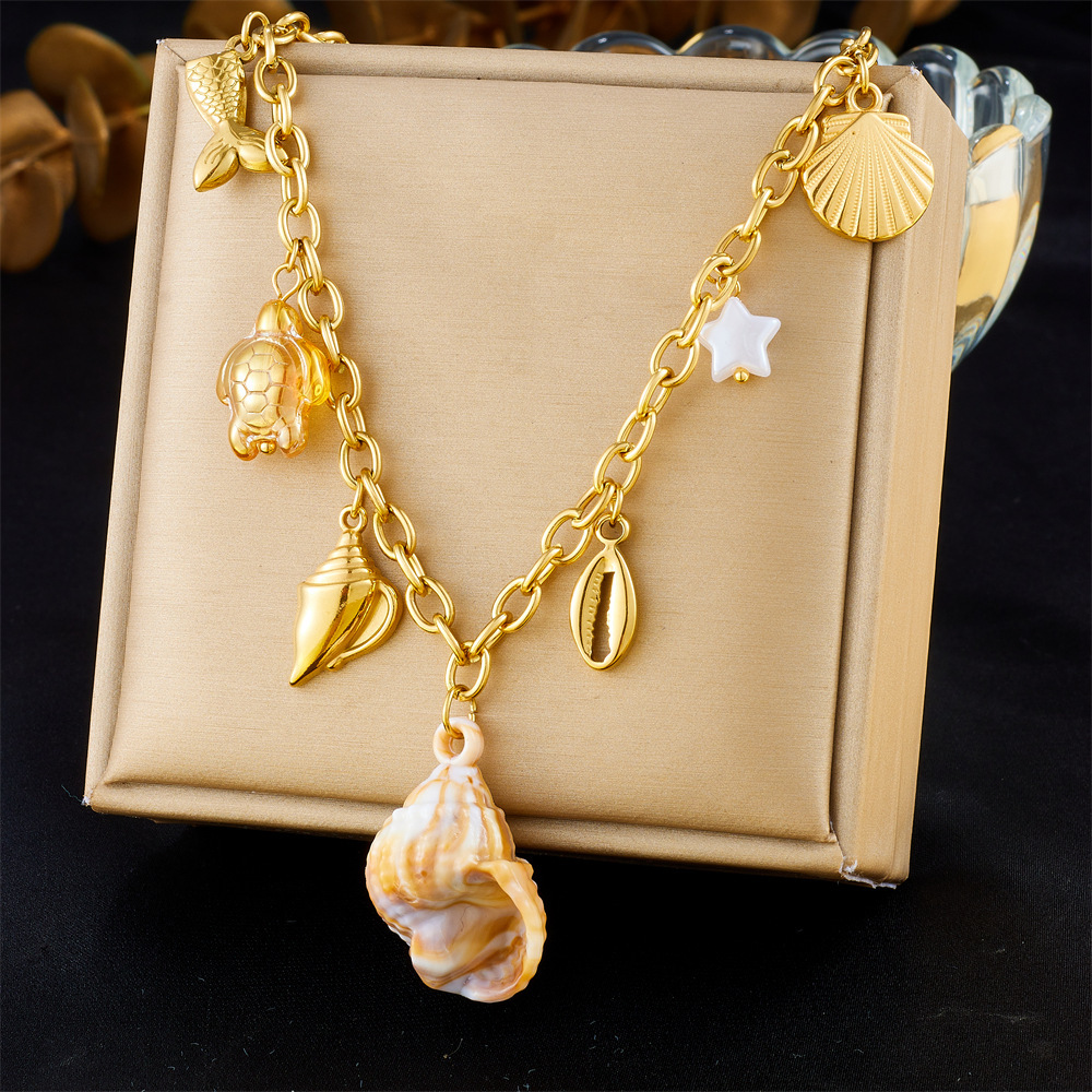 European and American style stainless steel marine life pendant, natural seashell, turtle, fish tail accessory chain necklace