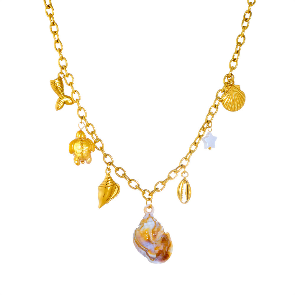 European and American style stainless steel marine life pendant, natural seashell, turtle, fish tail accessory chain necklace