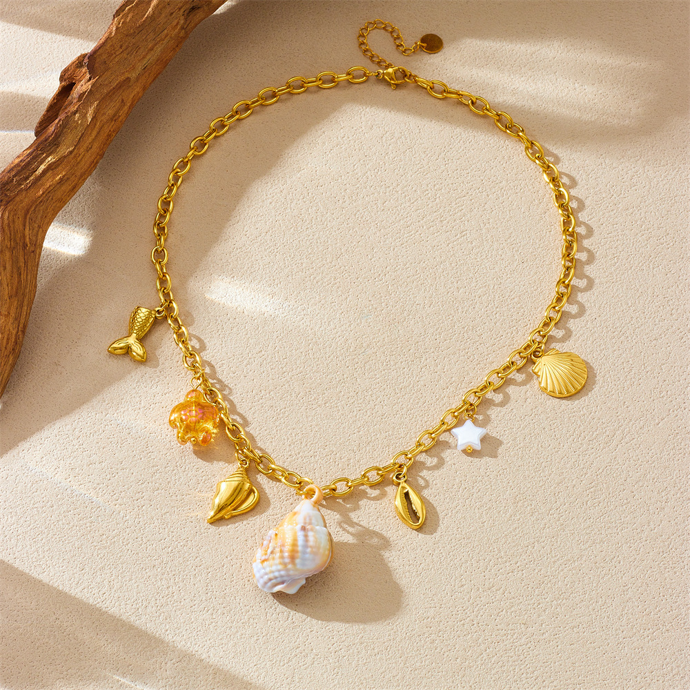 European and American style stainless steel marine life pendant, natural seashell, turtle, fish tail accessory chain necklace