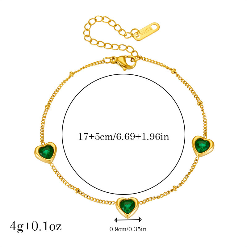 Cross-border fashion niche style elegant stainless steel bracelet and necklace set with green diamond heart-shaped accessories