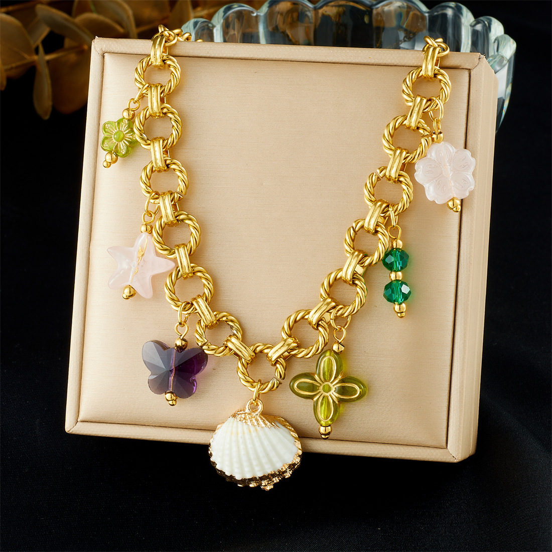 Cross-border fashion heavy-duty multi-element gold-plated O-chain stainless steel necklace with scallop acrylic butterfly flower neck