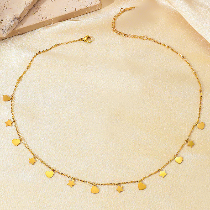 Korean style, fashionable, simple, versatile stainless steel polished heart and star accessory chain pendant necklace for commuting and everyday wear.