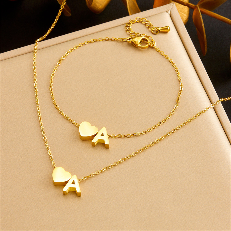 Korean Style Fashionable Smooth 3D Letter A Heart Pendant Stainless Steel Simple Jewelry Necklace and Bracelet Set
