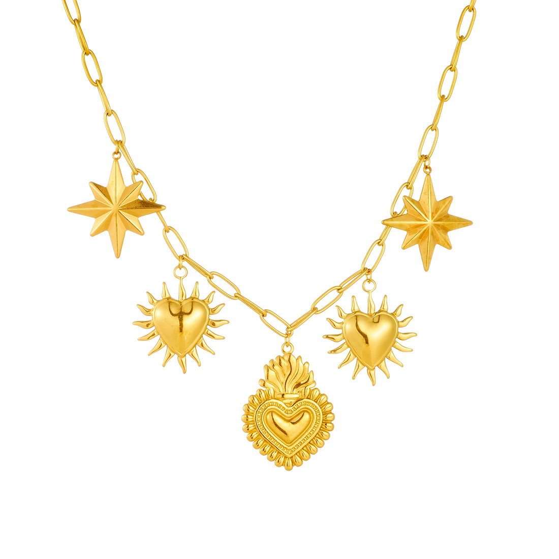 Cross-border fashion, light luxury, retro gold-plated heavy-duty stainless steel eight-pointed star sun heart pendant cross chain necklace