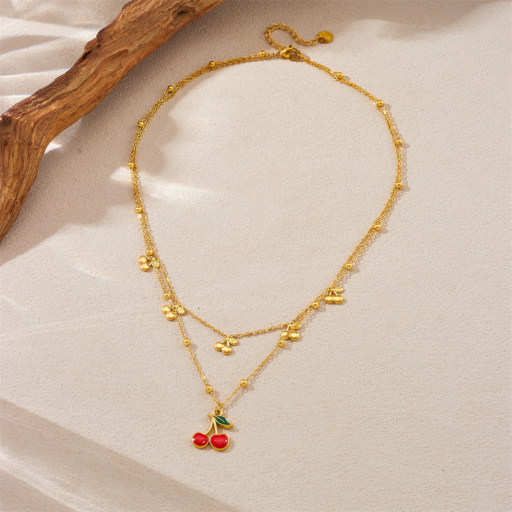 Korean style cute cherry pendant, double-layered stainless steel chain necklace, everyday versatile decoration for women.