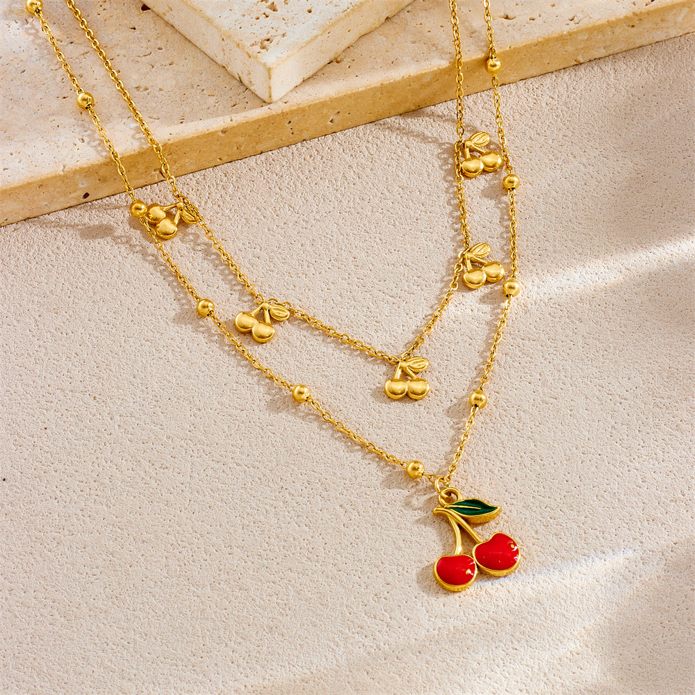Korean style cute cherry pendant, double-layered stainless steel chain necklace, everyday versatile decoration for women.