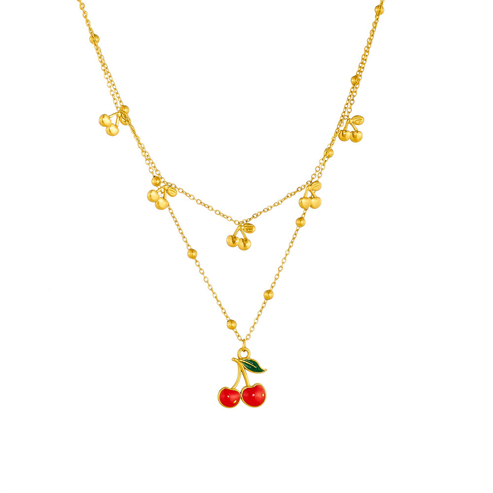Korean style cute cherry pendant, double-layered stainless steel chain necklace, everyday versatile decoration for women.