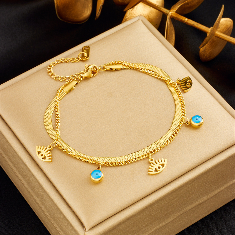 European and American style niche retro high-end double-layered diamond-encrusted round blue eye star lightning pendant bracelet