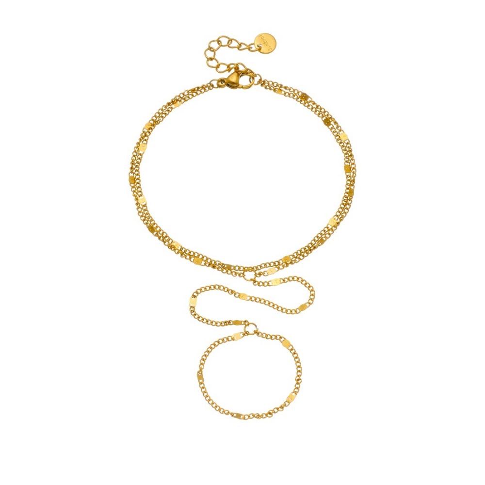 Stylish and minimalist design, double-layered thin chain, gold-plated stainless steel ring and bracelet, integrated hand back chain.