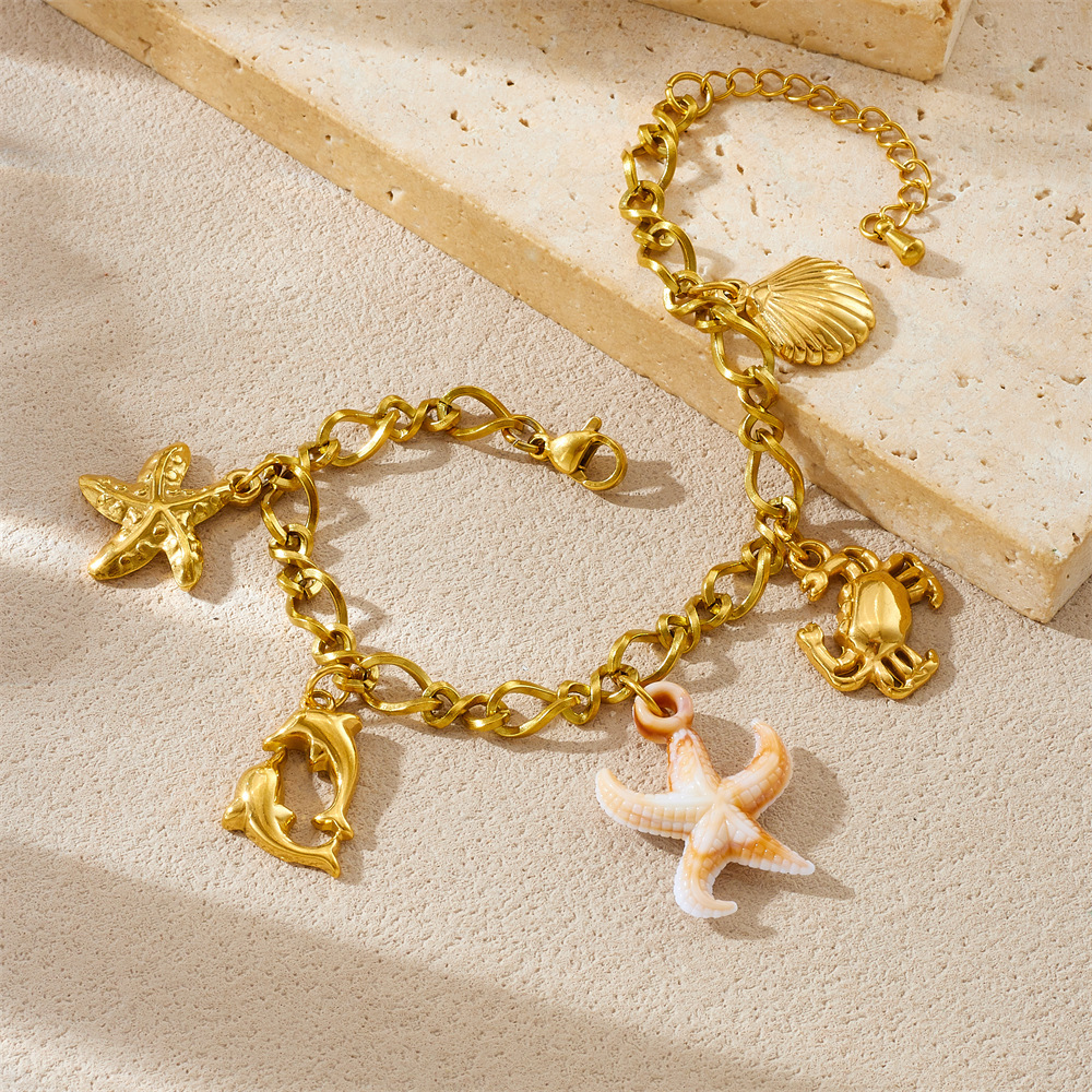 European and American cross-border stainless steel beach starfish dolphin crab scallop pendant accessories chunky chain unisex bracelet