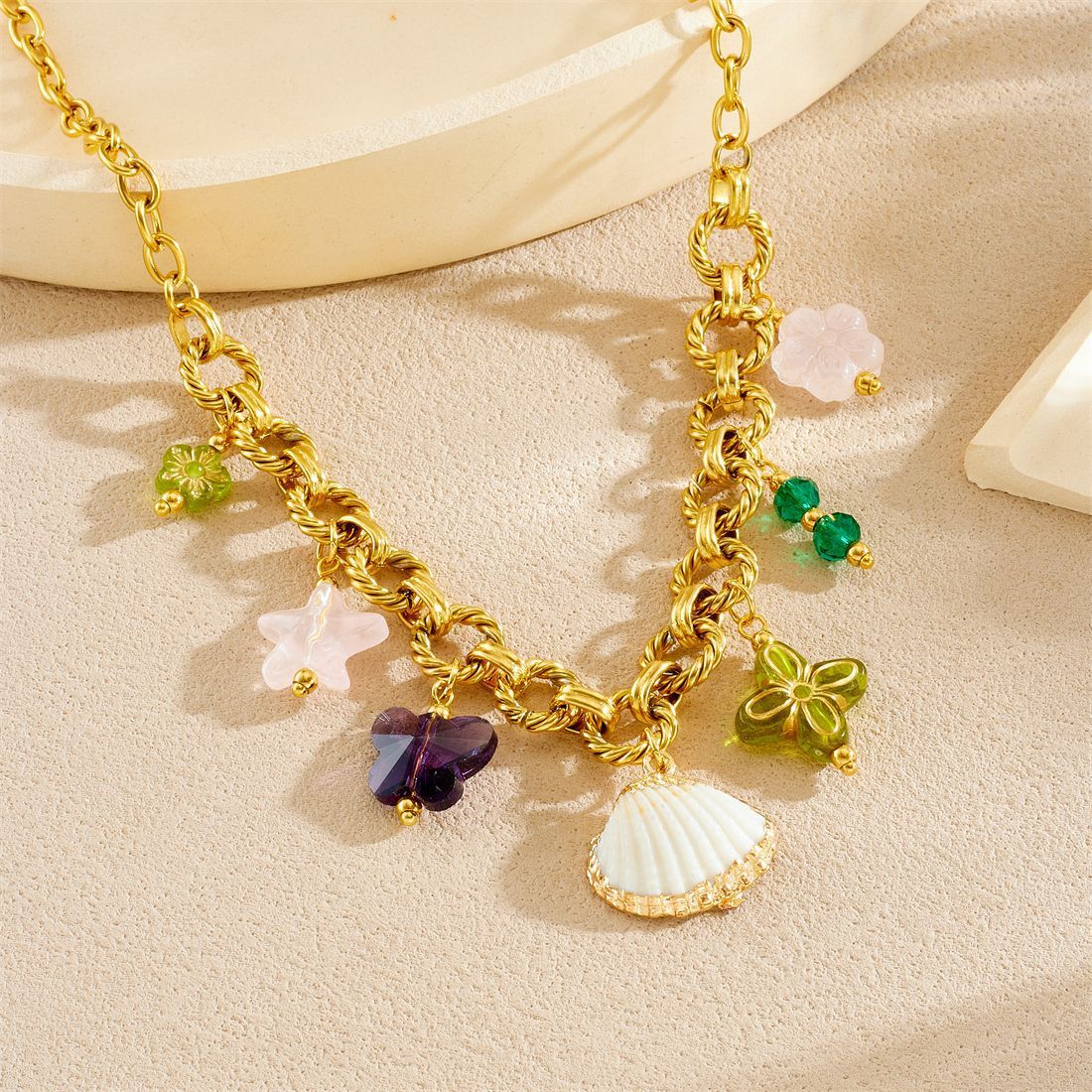 Cross-border fashion heavy-duty multi-element gold-plated O-chain stainless steel necklace with scallop acrylic butterfly flower neck