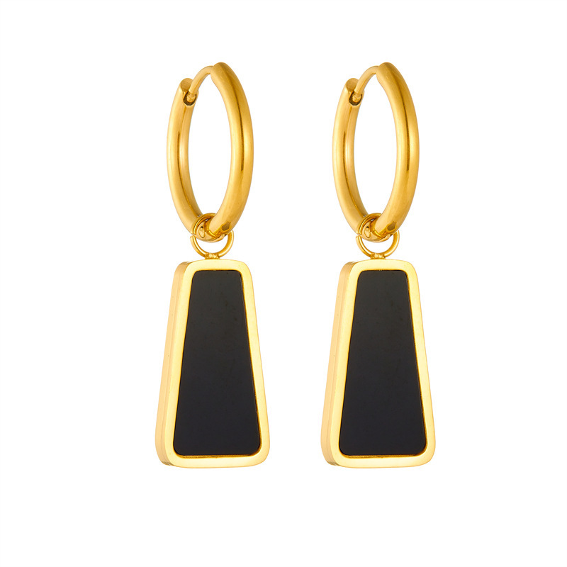 European and American style niche retro minimalist black trapezoidal geometric stainless steel gold-plated pendant round earrings