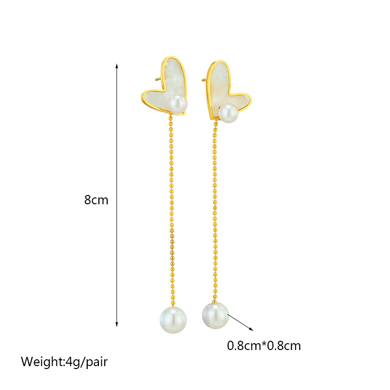 Korean style, fashionable, simple, retro, gold-plated seashell heart chain tassel pearl dangling stainless steel earrings