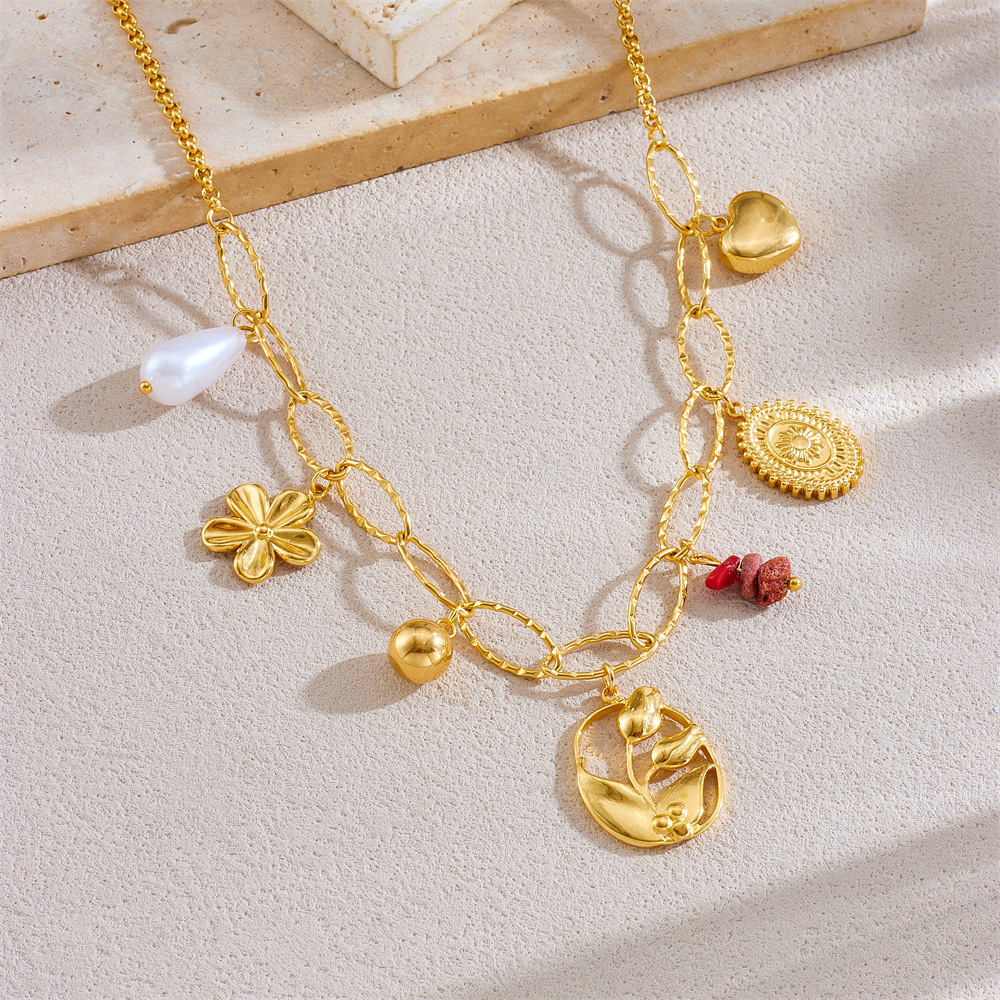 Cross-border fashion niche Instagram style gold-plated stainless steel flower oval pebble pendant chain necklace