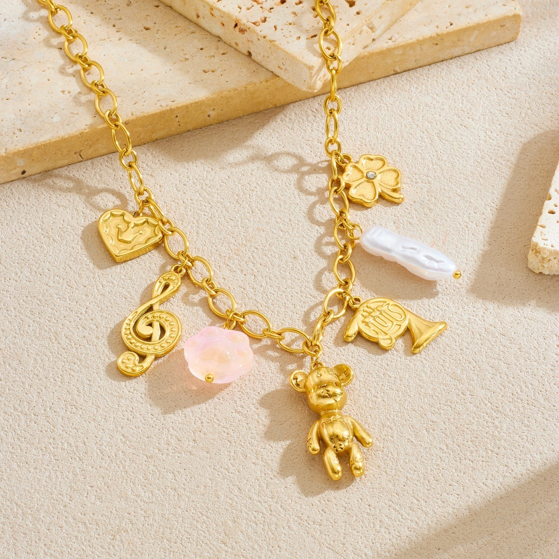 Cross-border fashion gold-plated multi-element pendant cartoon bear musical note crown heart charm chain stainless steel necklace
