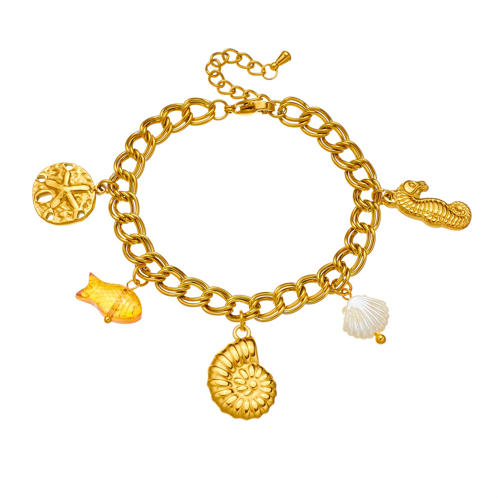 Niche Fashion Marine Life Accessories: Starfish, Conch, Seahorse, Goldfish Pendant, Stainless Steel Chain Bracelet