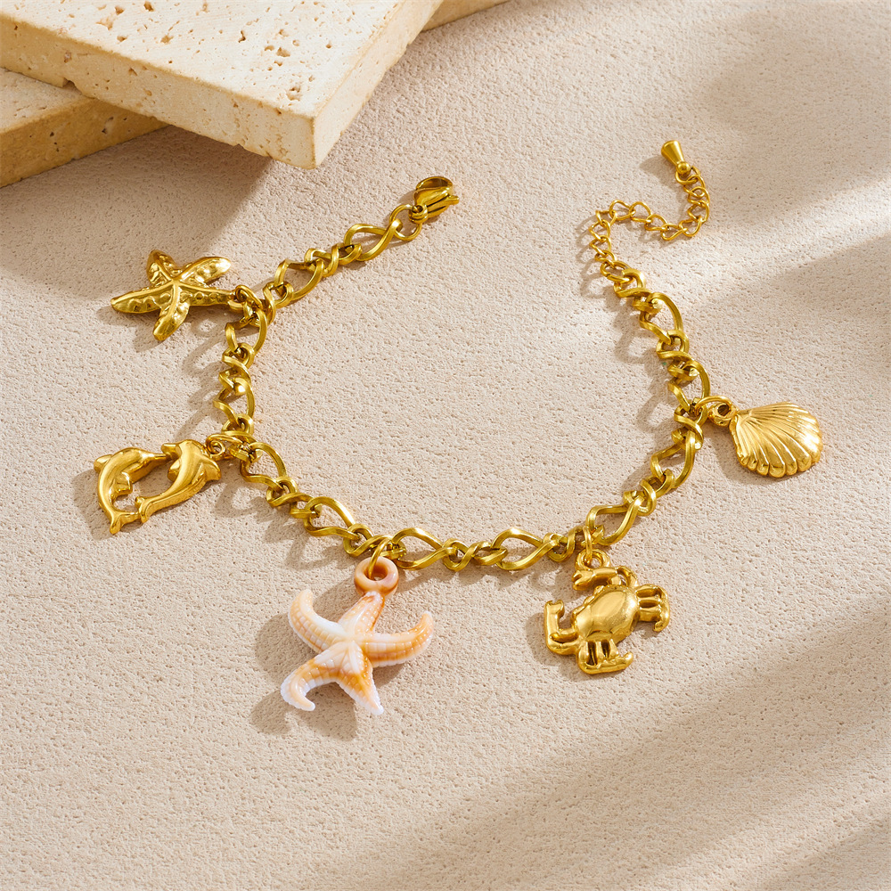 European and American cross-border stainless steel beach starfish dolphin crab scallop pendant accessories chunky chain unisex bracelet