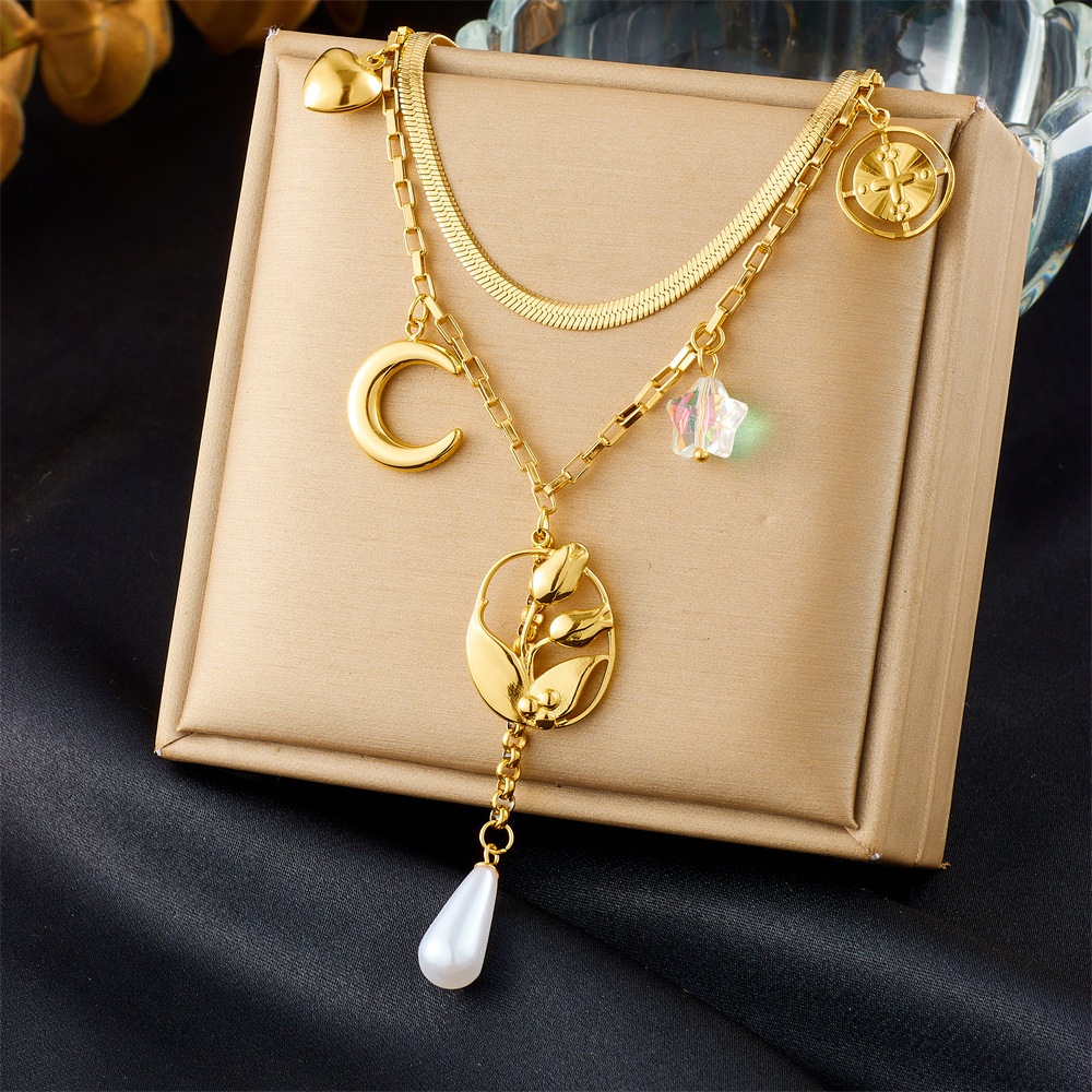 Cross-border fashion, exquisite and simple double-layered stainless steel tulip flower moon tassel chain necklace