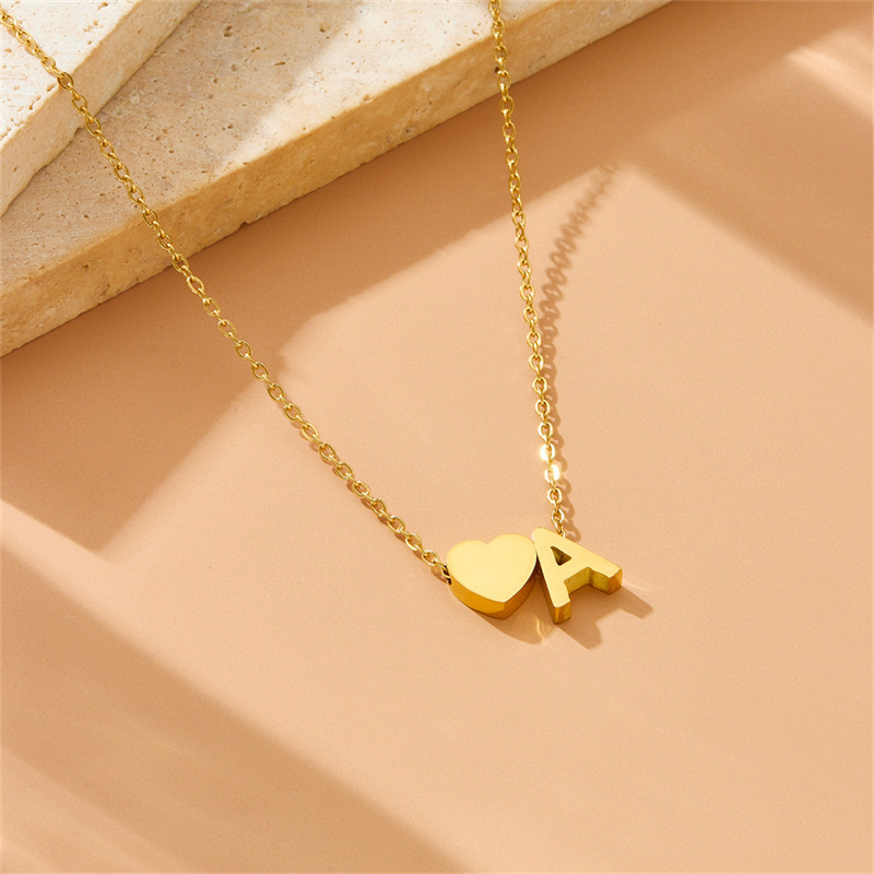 Korean Style Fashionable Smooth 3D Letter A Heart Pendant Stainless Steel Simple Jewelry Necklace and Bracelet Set