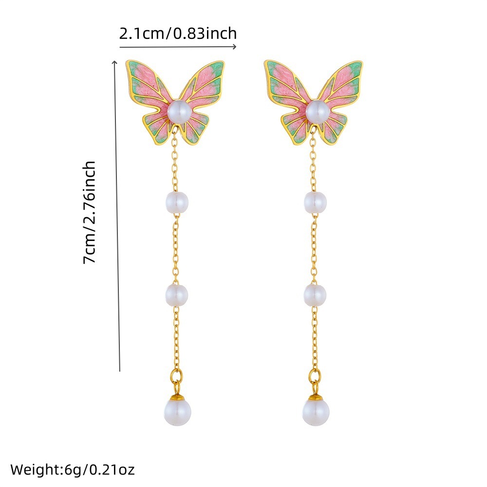Korean style sweet and cute pearl tassel long multi-color gradient drip butterfly stainless steel earrings
