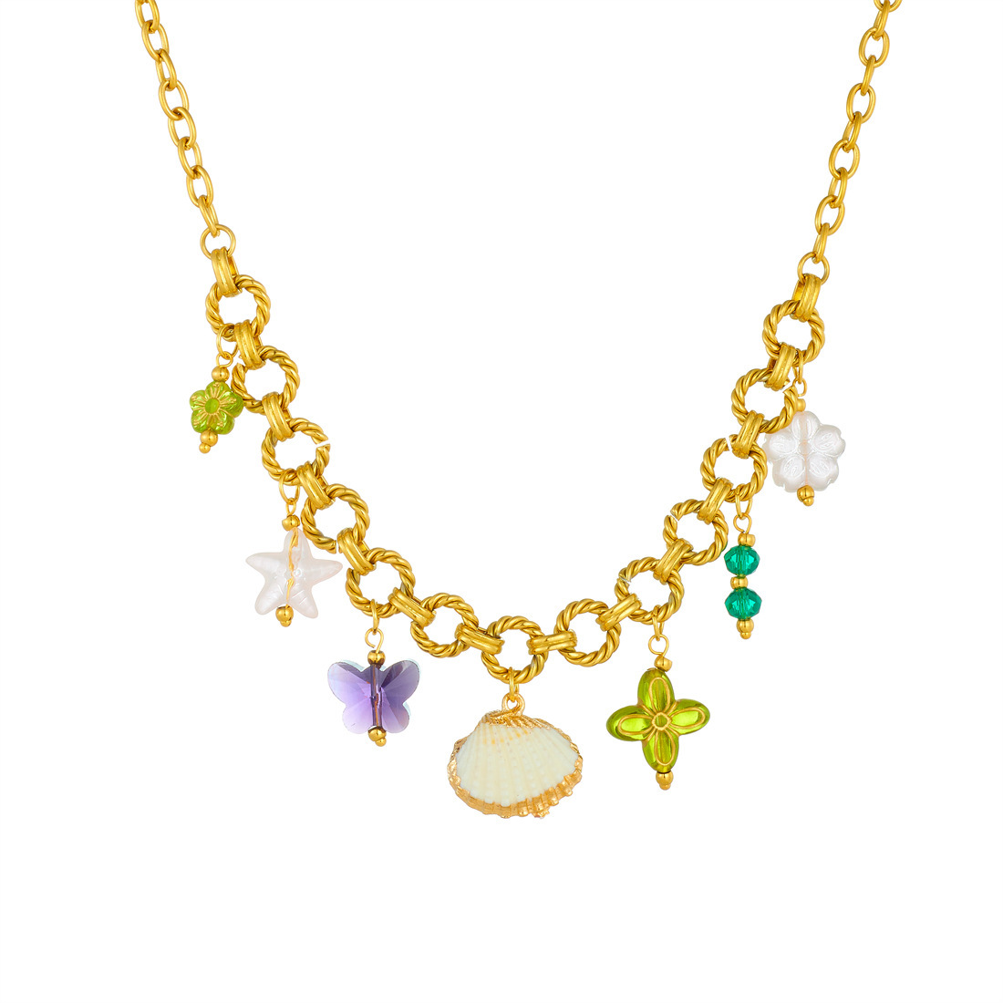 Cross-border fashion heavy-duty multi-element gold-plated O-chain stainless steel necklace with scallop acrylic butterfly flower neck