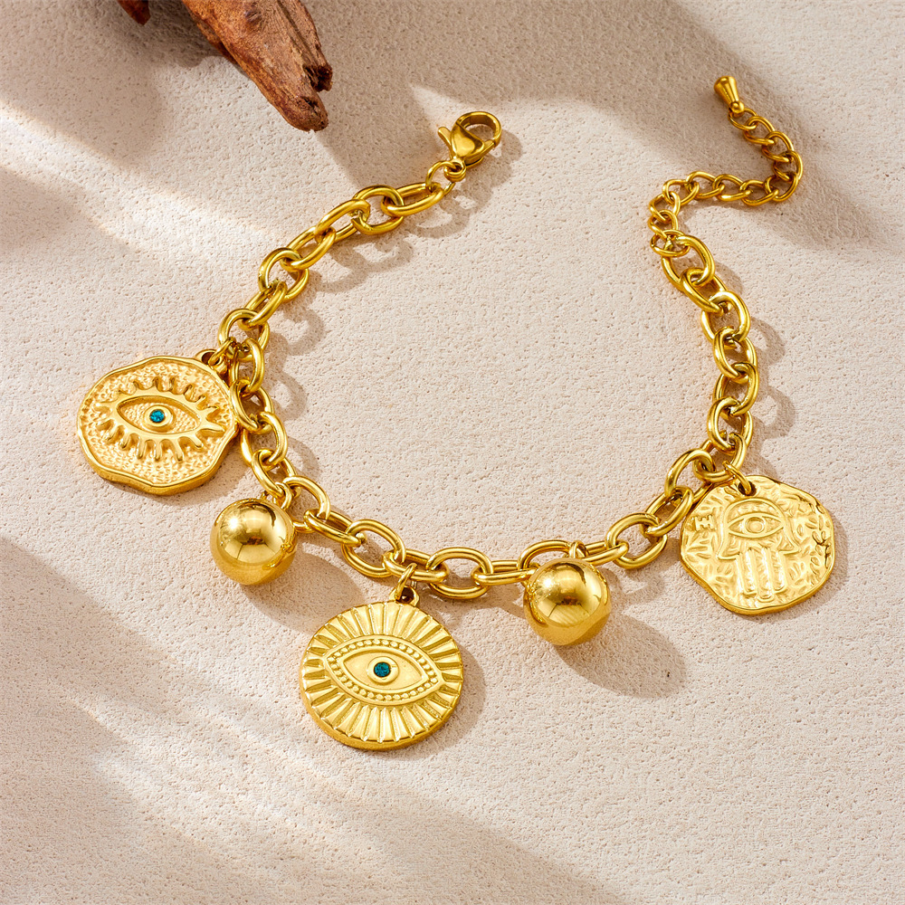 New European and American cross-border style irregular round concave-convex turquoise eye pendant chain stainless steel jewelry bracelet